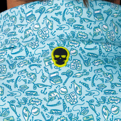 SWAG Golf Gone Fishing Classic Polo back collar detail featuring signature neon skull logo on custom fishing-inspired performance fabric