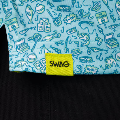 SWAG Golf Gone Fishing Classic Polo hem detail with signature SWAG woven tag and custom fishing-themed print
