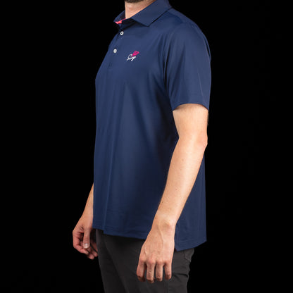 Side profile of SWAG Golf Navy Aces Classic Polo men's navy performance golf polo shirt