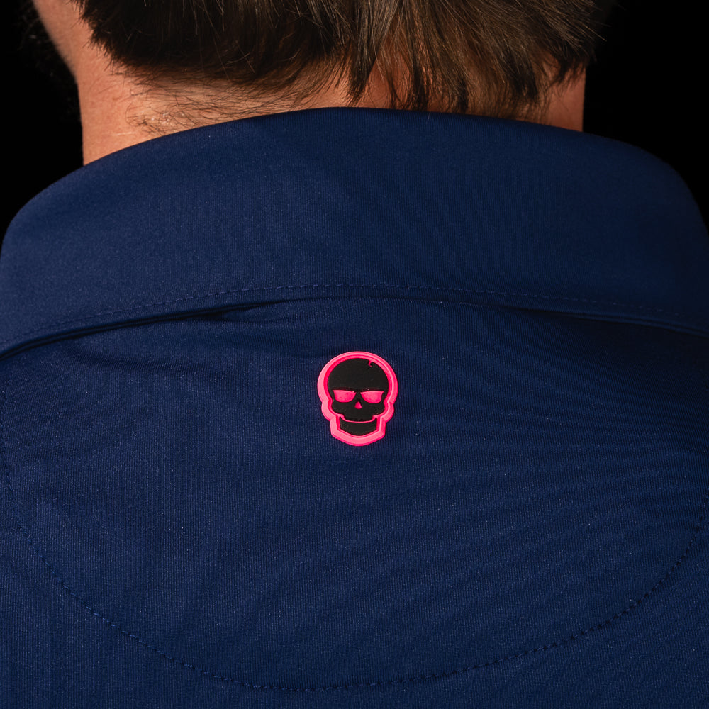 SWAG Golf Navy Aces Classic Polo back collar detail featuring embroidered skull logo on navy fabric