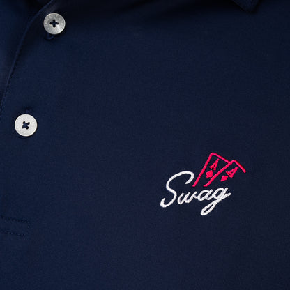 Close-up of embroidered SWAG Golf Aces logo on Navy Aces Classic Polo performance golf shirt