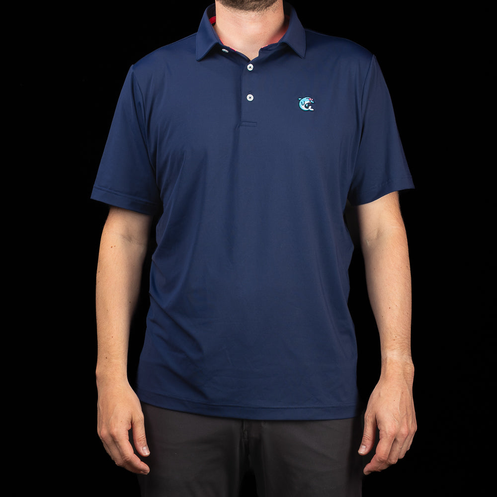 SWAG Golf Navy Flipper Classic Polo men's performance golf shirt with embroidered Flipper logo on chest