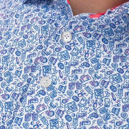 Close-up of SWAG Golf On The Rocks Classic Polo showcasing custom all-over print with golf, cocktail, and SWAG-inspired graphics