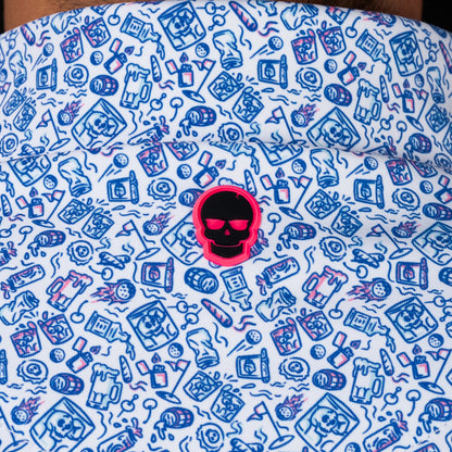 SWAG Golf On The Rocks Classic Polo back collar detail featuring signature pink skull logo on custom printed performance fabric