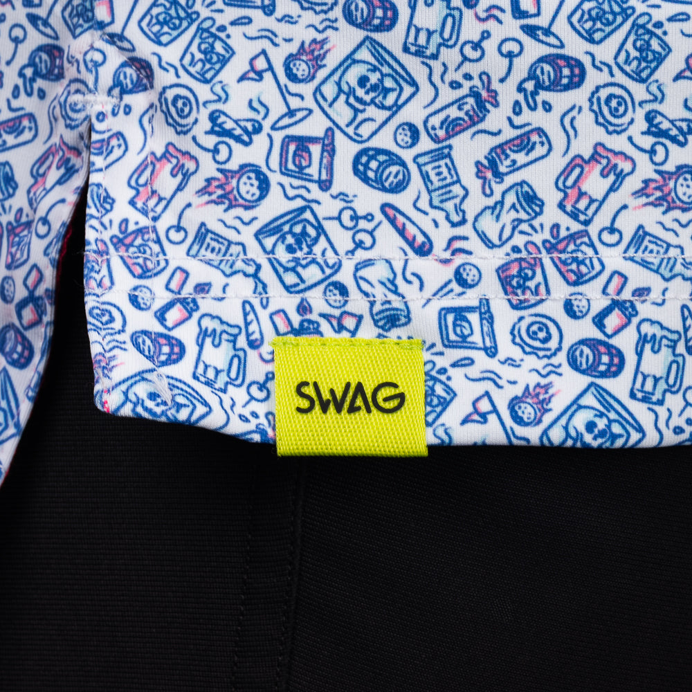 SWAG Golf On The Rocks Classic Polo hem detail with signature SWAG woven tag and custom all-over print