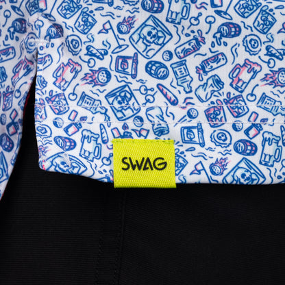 SWAG Golf On The Rocks Classic Polo hem detail with signature SWAG woven tag and custom all-over print