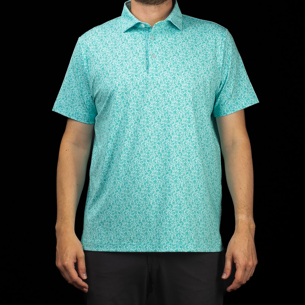 SWAG Golf On The Rocks Classic Polo featuring an all-over cocktail-inspired print in vibrant aqua performance fabric