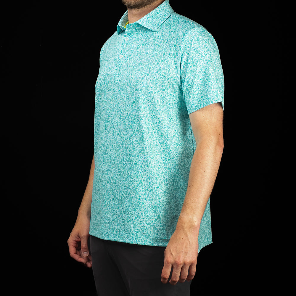 Side profile of SWAG Golf On The Rocks Classic Polo showcasing the custom all-over golf and cocktail themed pattern
