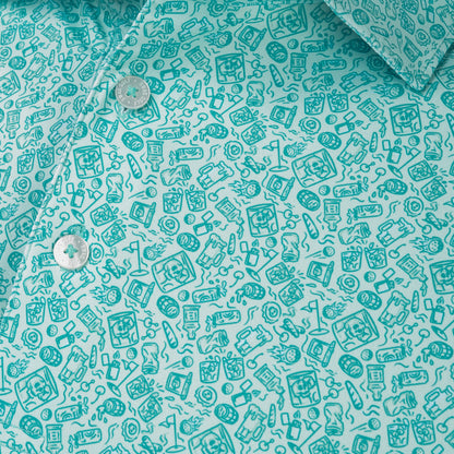 Close-up of SWAG Golf On The Rocks Classic Polo highlighting the intricate all-over print with golf, cocktail, and SWAG-inspired graphics