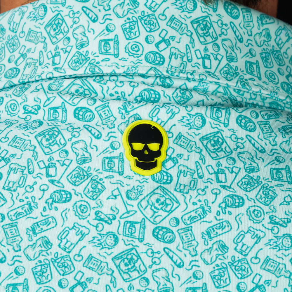 SWAG Golf On The Rocks Classic Polo back collar detail featuring signature neon skull logo on custom printed performance fabric