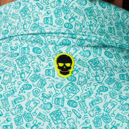 SWAG Golf On The Rocks Classic Polo back collar detail featuring signature neon skull logo on custom printed performance fabric