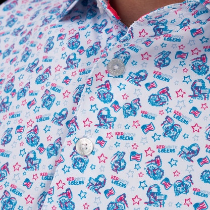 Close-up of SWAG Golf Red, White & Beers Classic Polo highlighting custom artwork featuring stars, flags, beer cans, and Red White & Beers graphics