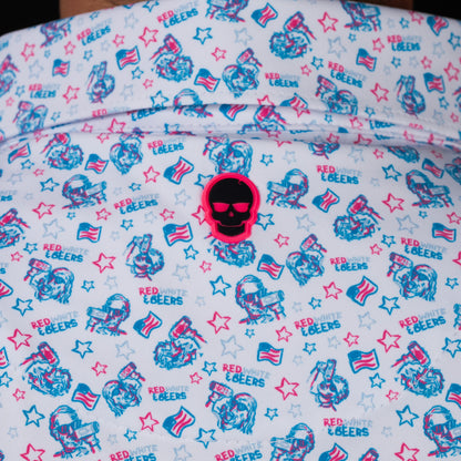 SWAG Golf Red, White & Beers Classic Polo back collar detail featuring signature pink skull logo and patriotic Americana-inspired graphics