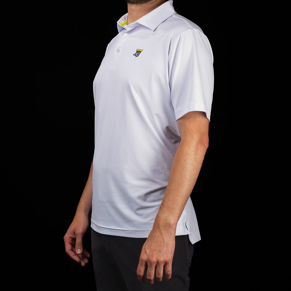 Side profile of SWAG Golf White King Classic Polo men's white performance golf polo shirt