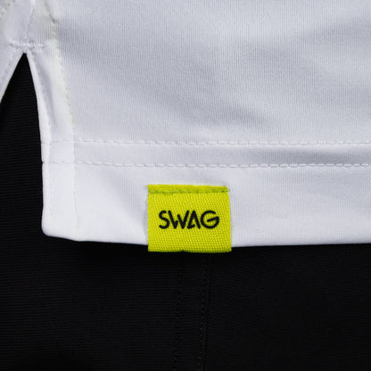 SWAG Golf White King Classic Polo hem detail with signature SWAG woven tag on performance golf shirt
