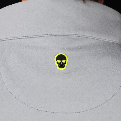 Close-up of embroidered SWAG Golf skull logo on Gray Club Quarter-Zip performance golf pullover