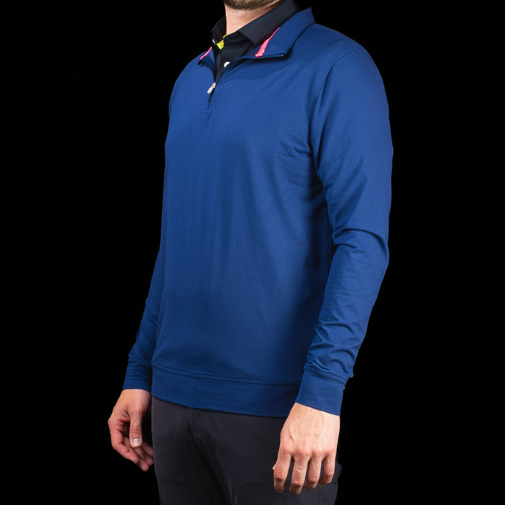 Side profile of SWAG Golf Navy Club Quarter-Zip men's navy performance golf pullover