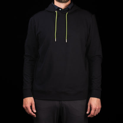 SWAG Golf Black Lounge Hoodie featuring premium black fabric, relaxed fit, ribbed cuffs and hem, and neon braided drawstrings with metal tips