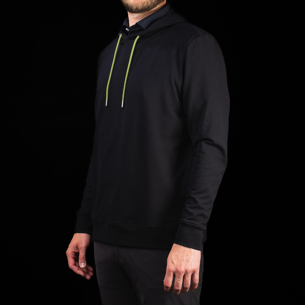 Side profile of SWAG Golf Black Lounge Hoodie highlighting the modern fit, hood construction, and premium lounge fabric