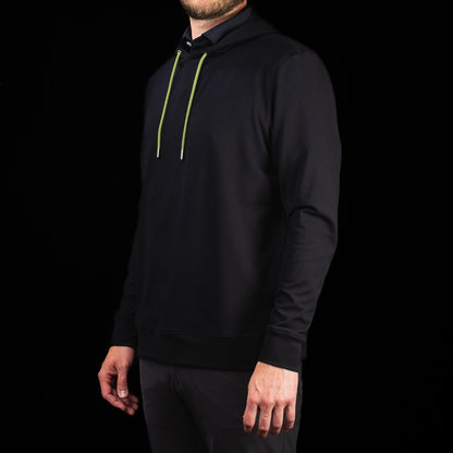 Side profile of SWAG Golf Black Lounge Hoodie highlighting the modern fit, hood construction, and premium lounge fabric