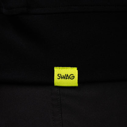 SWAG Golf Black Lounge Hoodie hem detail featuring the signature neon SWAG woven label
