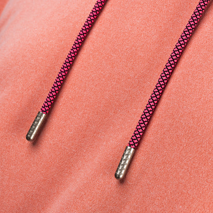 Close-up of pink braided drawstrings with metal tips on the SWAG Golf Heathered Peach Lounge Hoodie