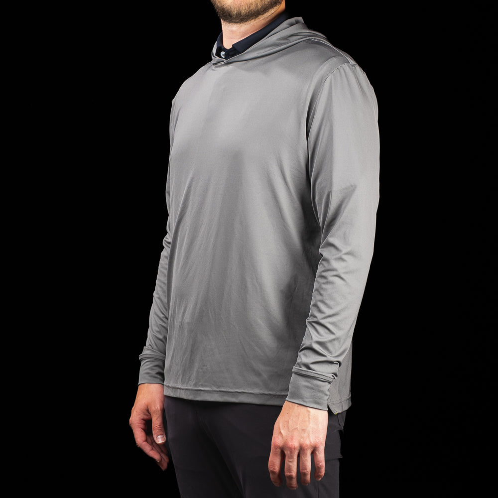 Side profile of SWAG Golf Gray Player Hoodie men's gray performance golf hoodie