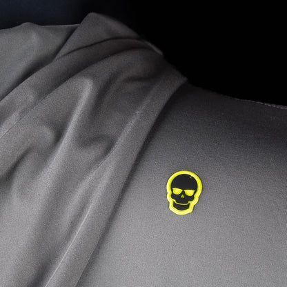 Close-up of embroidered SWAG Golf skull logo on Gray Player Hoodie performance golf hoodie
