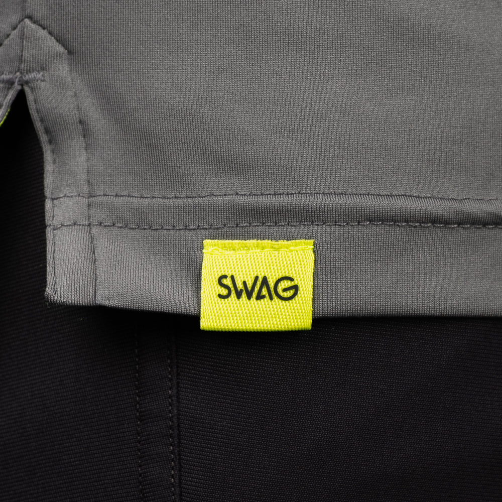 SWAG Golf Gray Player Hoodie hem detail with signature SWAG woven tag on performance golf hoodie