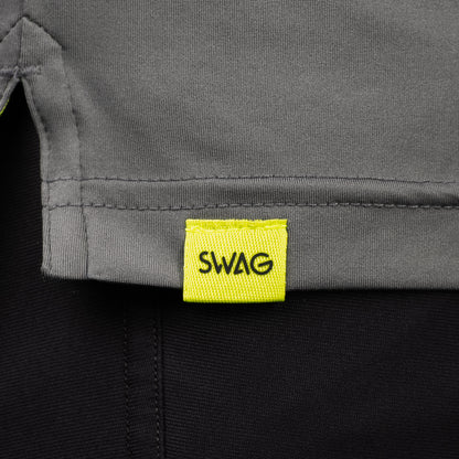 SWAG Golf Gray Player Hoodie hem detail with signature SWAG woven tag on performance golf hoodie