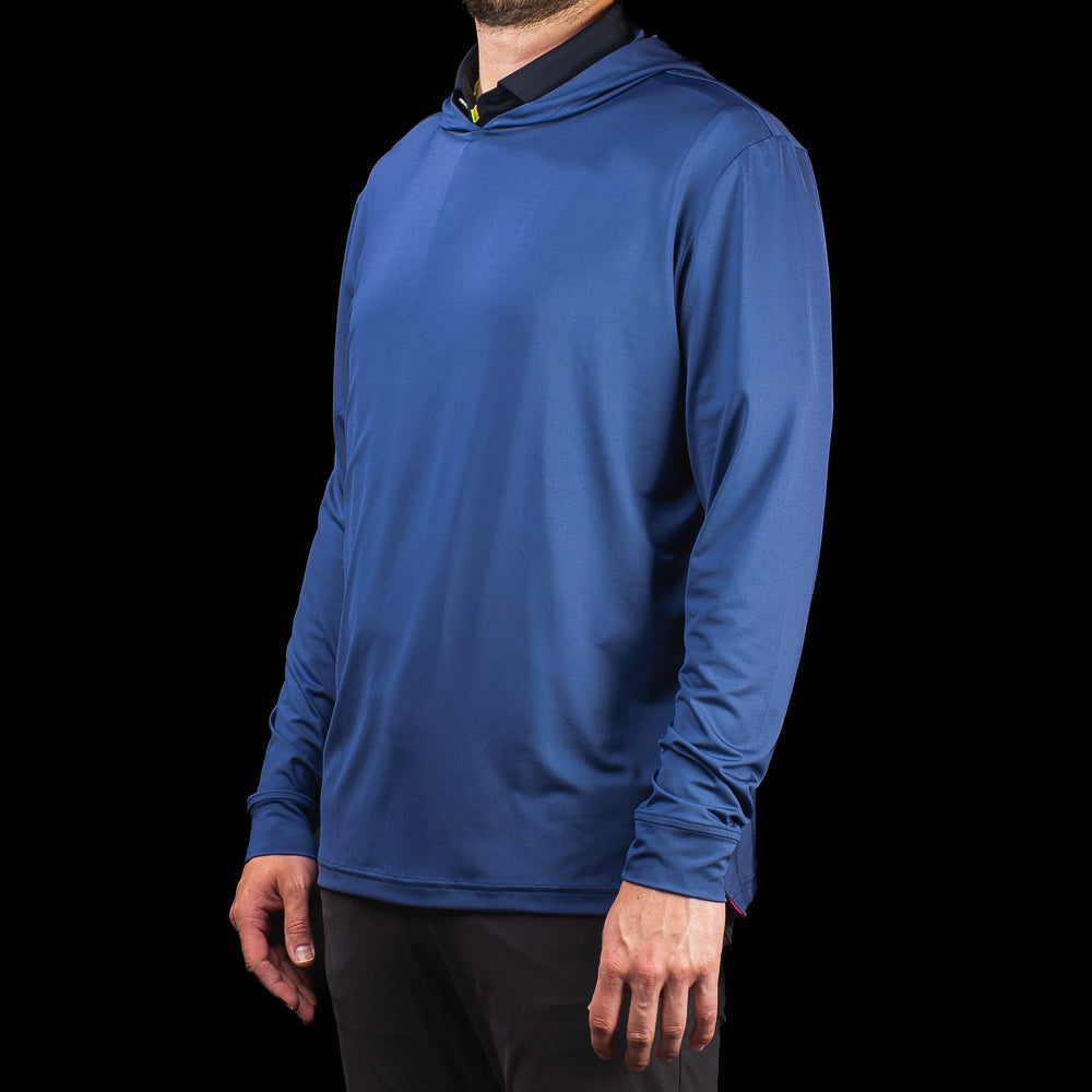 Side profile of SWAG Golf Navy Player Hoodie men's navy performance golf hoodie