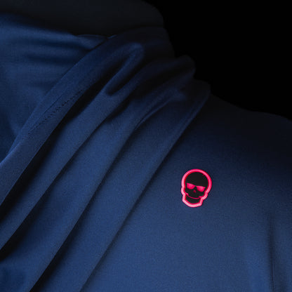 Close-up of embroidered SWAG Golf skull logo on Navy Player Hoodie performance golf hoodie