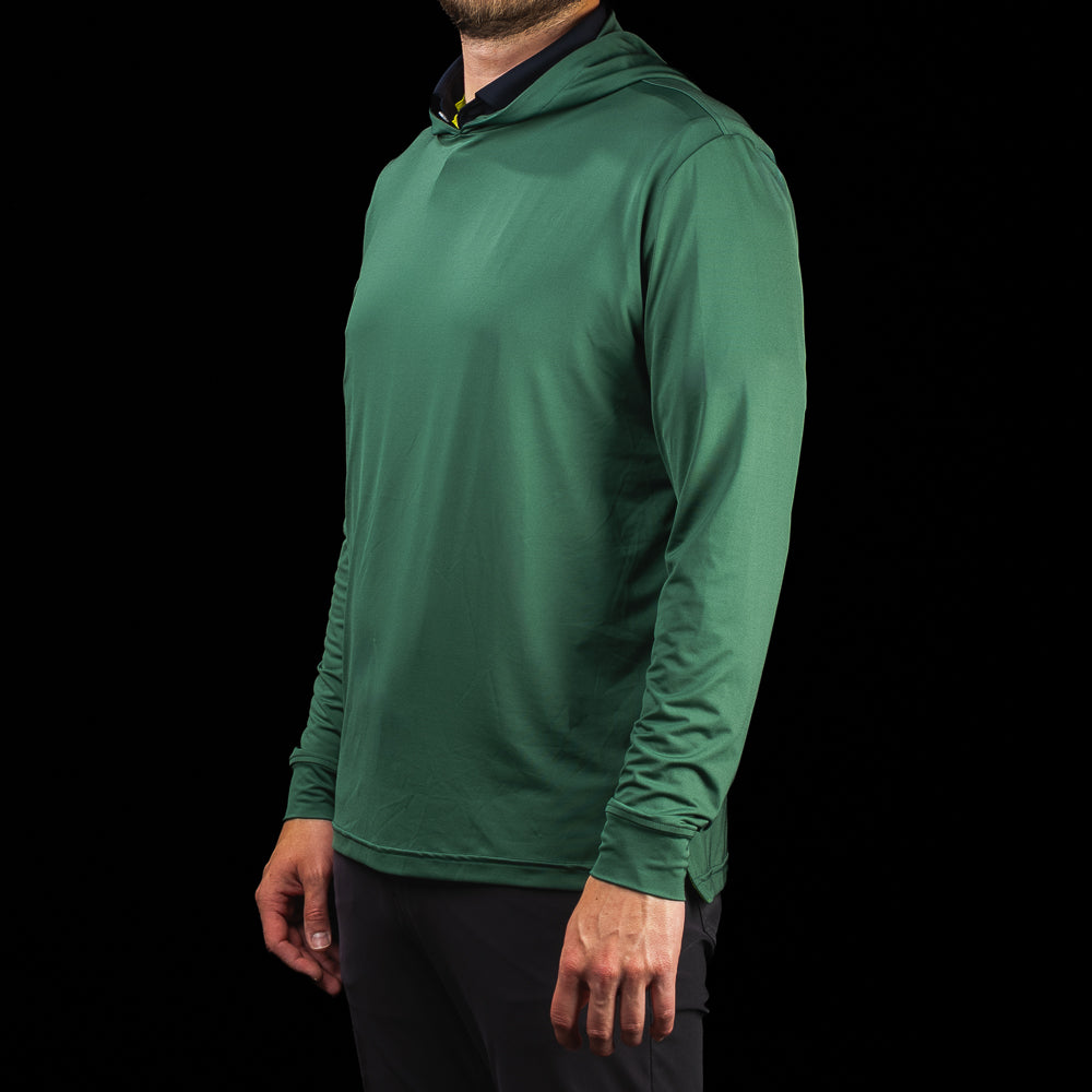 Side profile of SWAG Golf Olive Player Hoodie men's olive performance golf hoodie