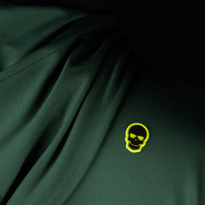 Close-up of embroidered SWAG Golf skull logo on Olive Player Hoodie performance golf hoodie