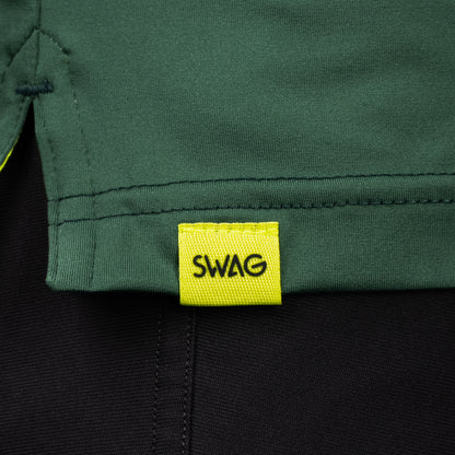 SWAG Golf Olive Player Hoodie hem detail with signature SWAG woven tag on performance golf hoodie
