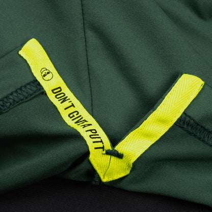 Interior detail of SWAG Golf Olive Player Hoodie featuring signature Don't Give A Putt embroidery tape