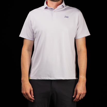 SWAG Golf Lavender Script Tech Polo featuring a clean lavender colorway, lightweight performance fabric, and understated embroidered SWAG Script logo.