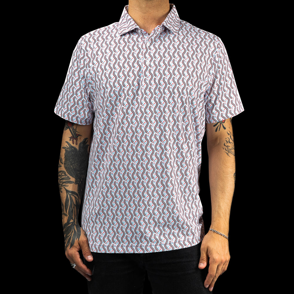 SWAG Golf classic short sleeve men's golf polo with an allover red, white, and blue cup snake micro print.