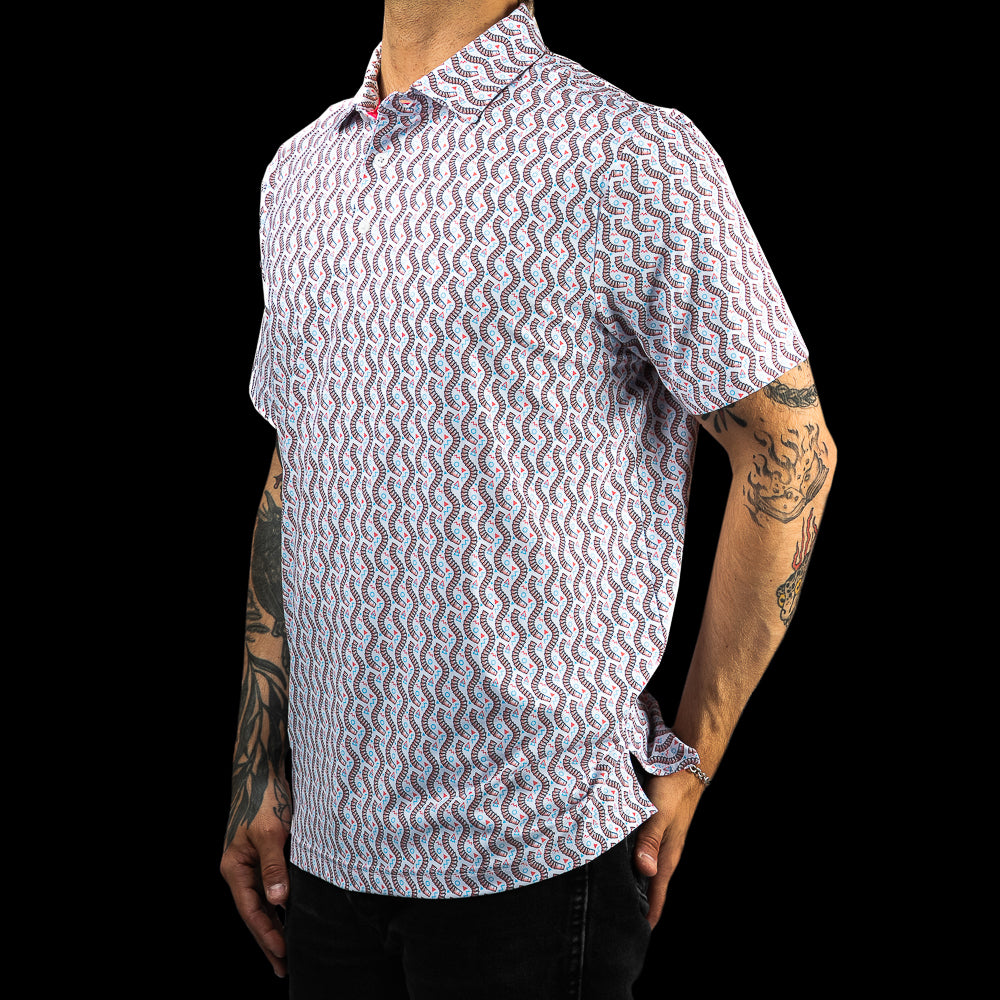 SWAG Golf classic short sleeve men's golf polo with an allover red, white, and blue cup snake micro print.