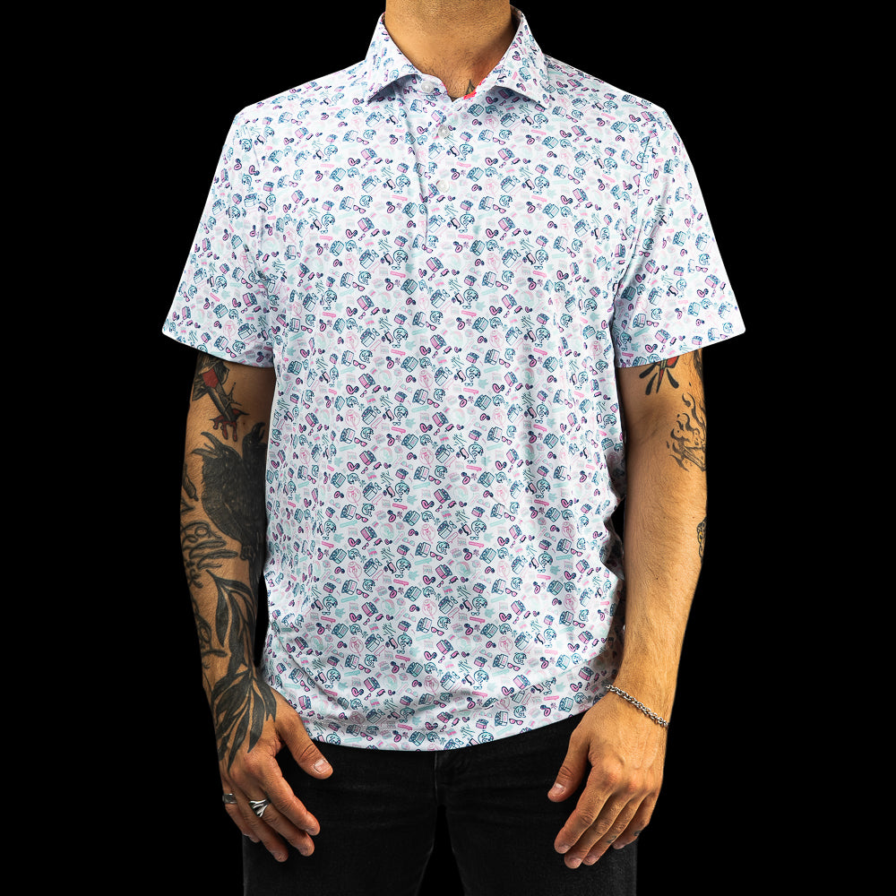 SWAG Golf pool party themed men's short sleeve classic golf polo with a micro print featuring flamingoes, coolers, popsicles and more.