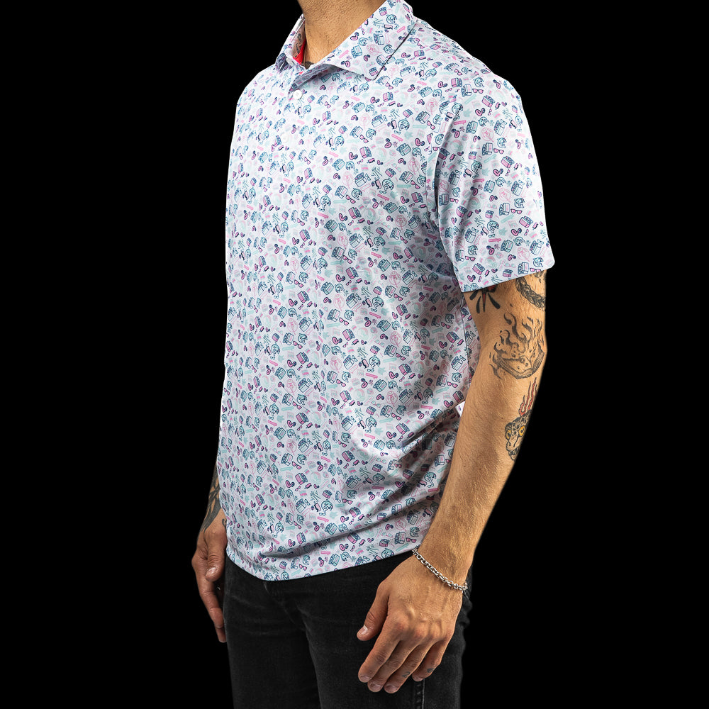 SWAG Golf pool party themed men's short sleeve classic golf polo with a micro print featuring flamingoes, coolers, popsicles and more.