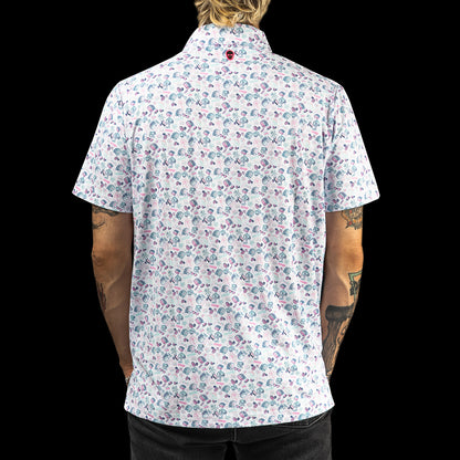 SWAG Golf pool party themed men's short sleeve classic golf polo with a micro print featuring flamingoes, coolers, popsicles and more.