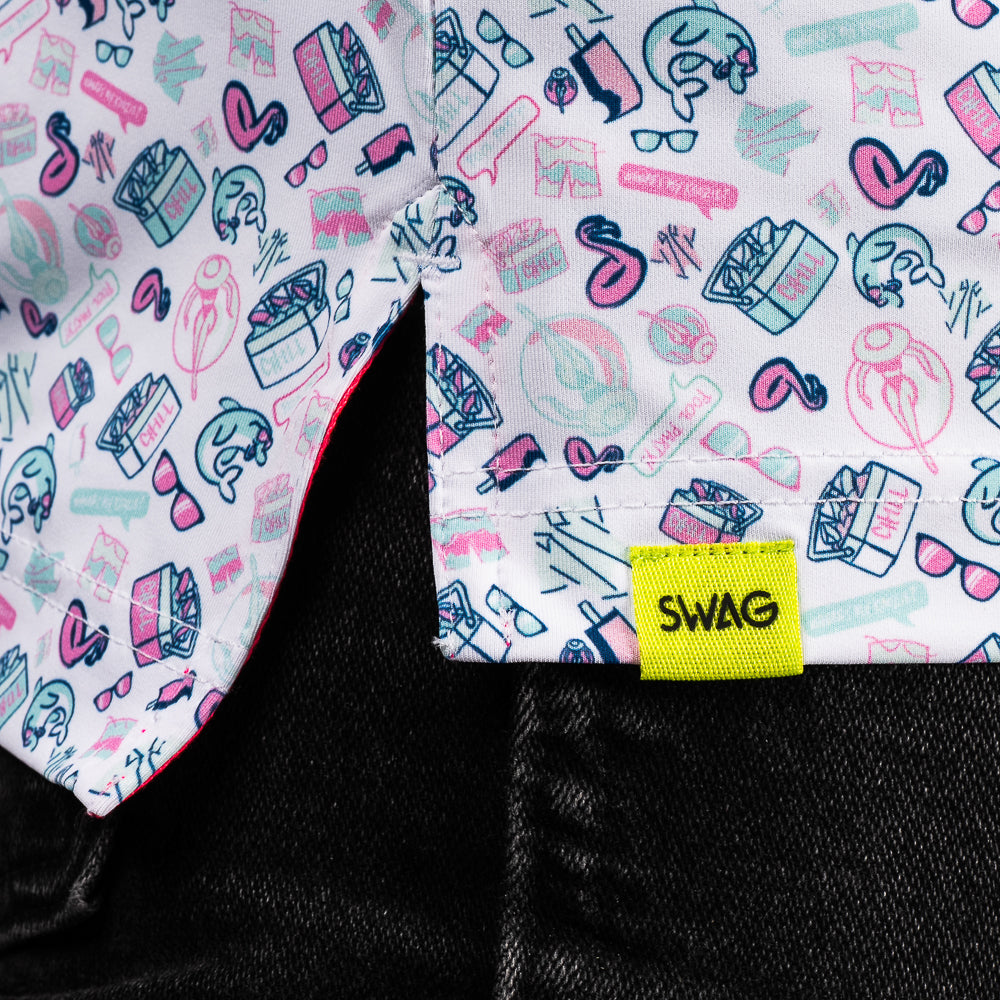 SWAG Golf pool party themed men's short sleeve classic golf polo with a micro print featuring flamingoes, coolers, popsicles and more.