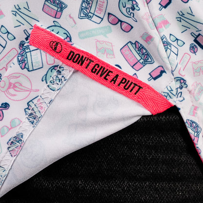 SWAG Golf pool party themed men's short sleeve classic golf polo with a micro print featuring flamingoes, coolers, popsicles and more.