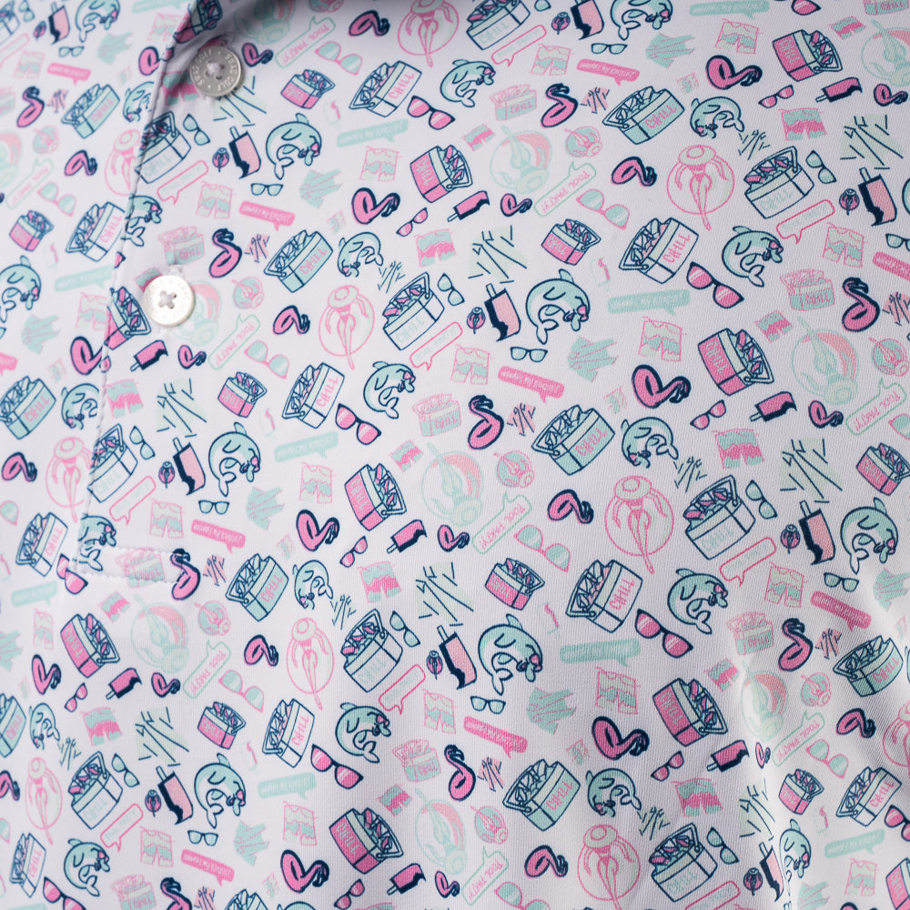 SWAG Golf pool party themed men's short sleeve classic golf polo with a micro print featuring flamingoes, coolers, popsicles and more.