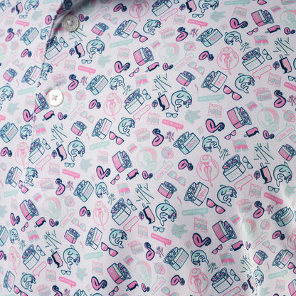 SWAG Golf pool party themed men's short sleeve classic golf polo with a micro print featuring flamingoes, coolers, popsicles and more.