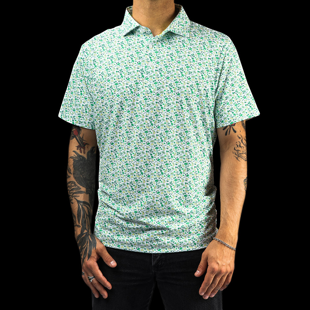 SWAG Golf men's short sleeve classic golf polo shirt with an allover green and yellow sand pits micro print design.