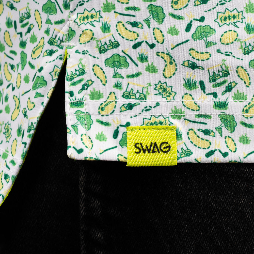 SWAG Golf men's short sleeve classic golf polo shirt with an allover green and yellow sand pits micro print design.
