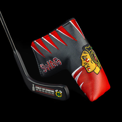 Chicago Blackhawks hockey blade putter with SWAG jersey headcover in red, black, and gray