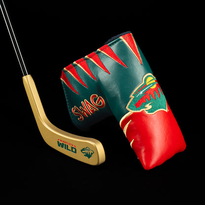 SWAG Golf x NHL official Minnesota Wild gold blade golf putter with red, gold and green jersey headcover.